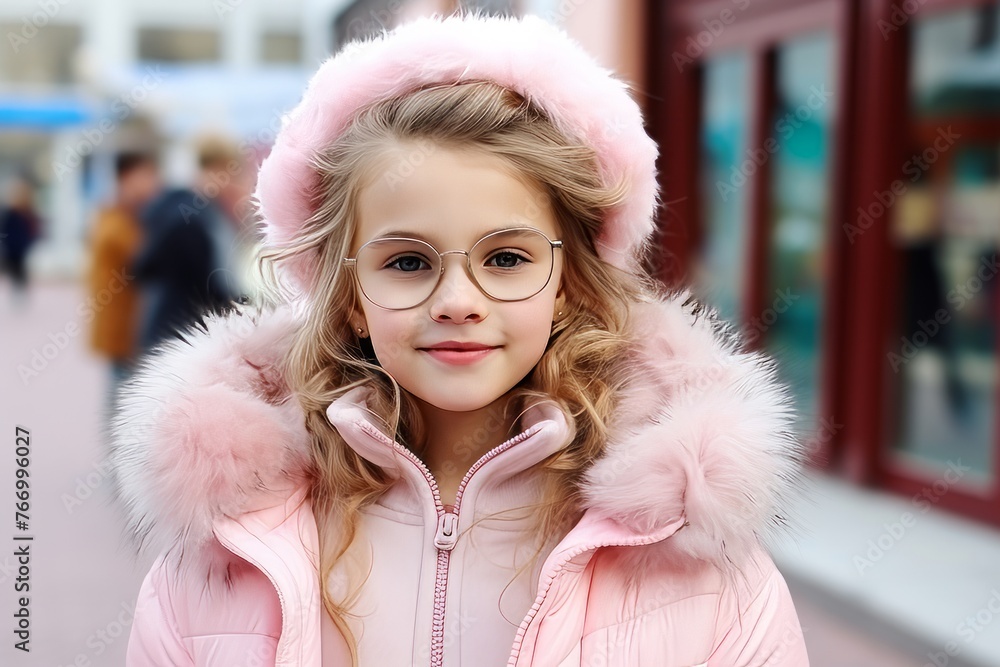 Portrait of a beautiful little girl in a pink coat and glasses Portrait of a beautiful little girl in a pink coat and glasses
