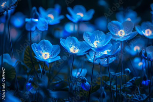 Enchanting Blue Illuminated Flowers at Twilight