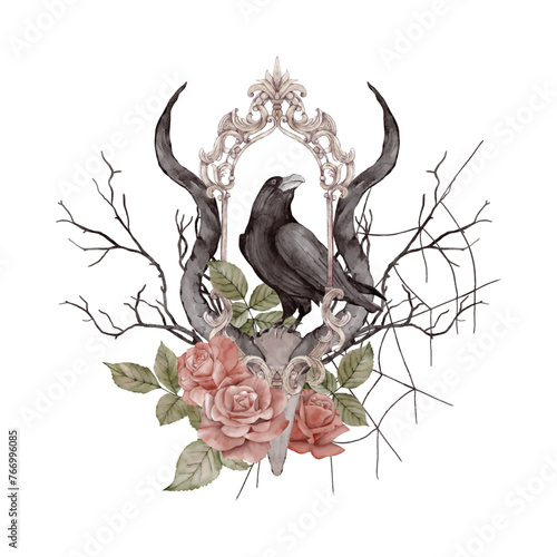Halloween illustration with skulls and crows