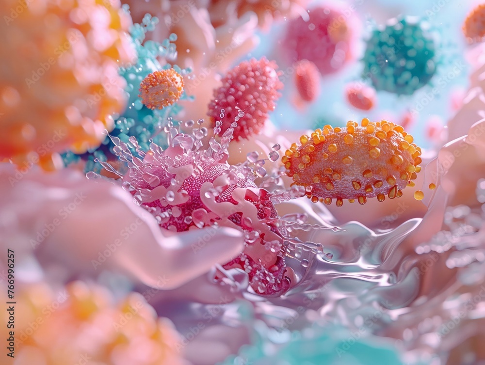 Develop a 3D scene where bacteria characters are cleaning up debris and waste on the skin surface, promoting the concept of cleansing and exfoliating for skin health, vibrant color Develop a 3D scene where bacteria characters are cleaning up debris and waste on the skin surface, promoting the concept of cleansing and exfoliating for skin health, vibrant color