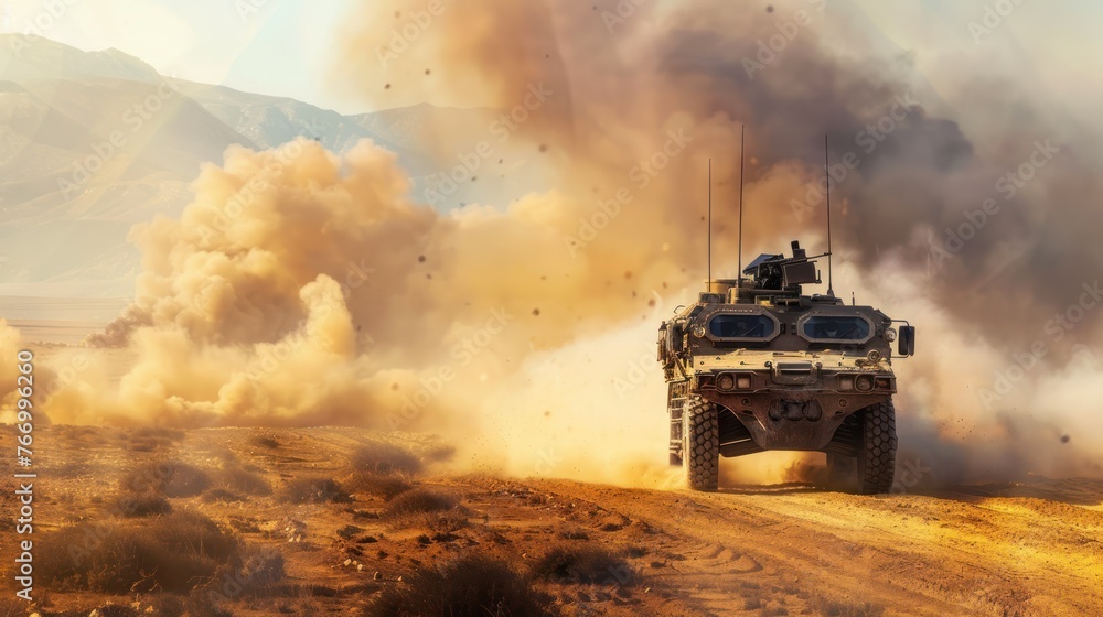 Fototapeta premium A generic military armored vehicle crosses minefields and smoke in the desert on a wide poster design that includes copy space 
