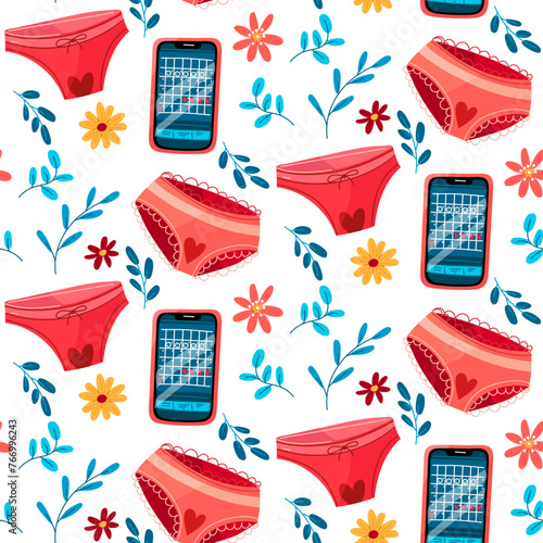 Pattern of menstruation, pads, menstrual cup, pills, phone, panties, calendar with flowers. Concept of a woman's regular menstrual cycle. Menstrual period, menstruation, premenstrual syndrome, vector