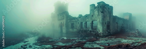 mysterious ancient ruin emerging from the mist, its crumbling walls painted in the enchanting style of watercolor.