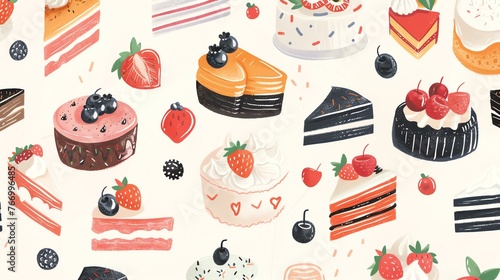 A seamless pattern of colorful cakes and berries.