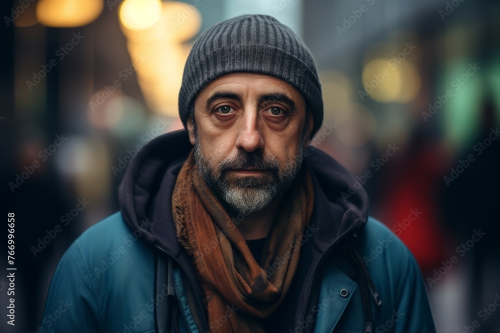 Portrait of a bearded man in a hat and scarf on the street Portrait of a bearded man in a hat and scarf on the street
