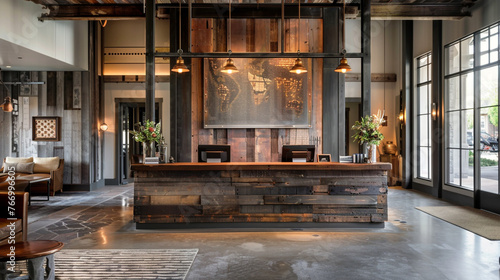 A lobby fusion of old-world charm and modern luxury, with a reception desk crafted from reclaimed wood and antique brass accents amidst contemporary elegance. photo