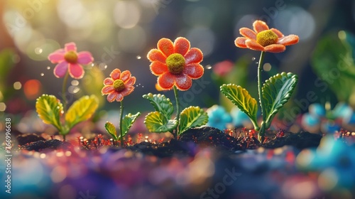 Illustrate a 3D close-up of bacteria characters planting flowers on the skin, representing the growth of healthy skin flora through proper skincare routines, vibrant color © Infinite Gallery