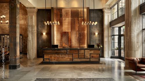 A lobby merging old-world charm with modern luxury, showcasing a reception desk of reclaimed wood and antique brass accents amid sleek contemporary design. © Noreen