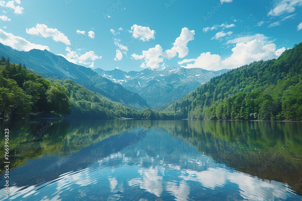A serene mountain lake with a reflection of the sky, 8k, realistic, full ultra HD, high resolution, cinematic