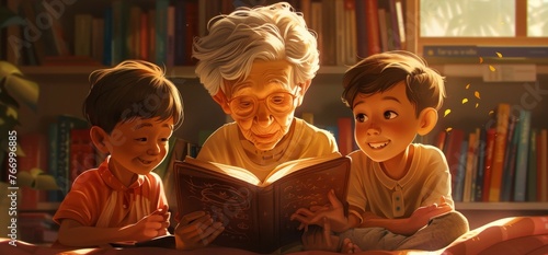 Grandmother reading fairy tail to her grandchildren, Generative AI