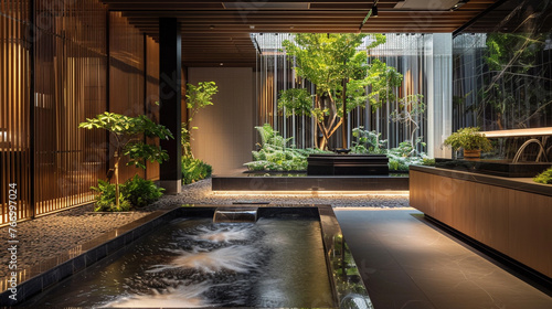 A serene oasis amidst the lobby hustle, featuring a simple reception area encircled by flowing water elements, inducing a tranquil Zen-like ambiance for guests. © Noreen