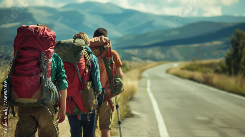 A line of backpackers make their way on a rural road, heading towards mountainous horizons under a vast sky