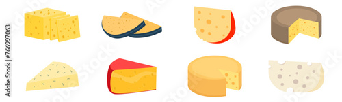Set of cheese parts and slices isolated on a white background. Cheese flat icon. Vector Head of cheese in flat style isolated on white background
