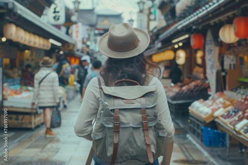Female Tourist Exploring Traditional Market Street
