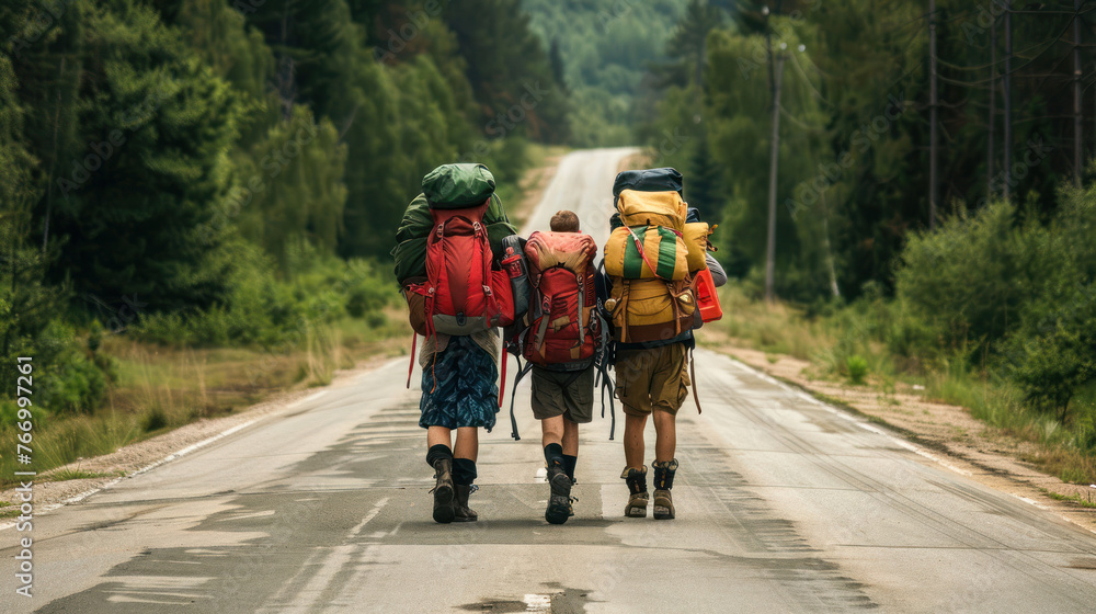 Obraz premium Two travelers with large backpacks on a secluded road amidst rich forestry, conveying a sense of adventure