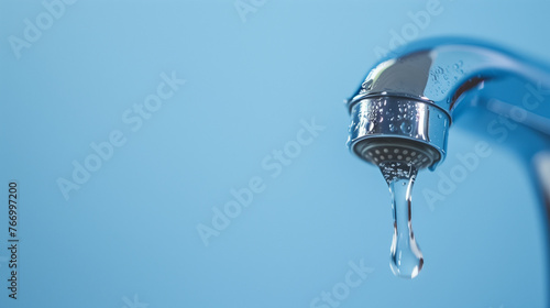 Close-up of a dripping faucet with water drop.