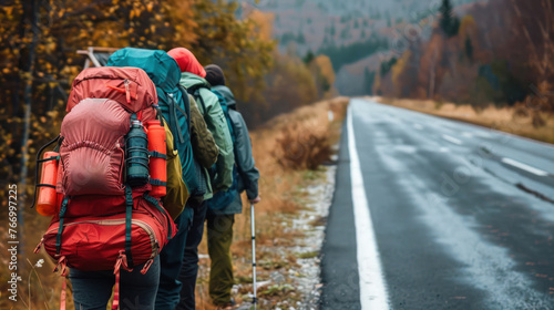 A group of young travelers with oversized backpacks walking on a rainy road through an autumn forest