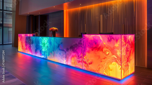 A vibrant lobby ambiance with LED-illuminated reception desk panels cycling through hues  transforming the space into a mesmerizing oasis.