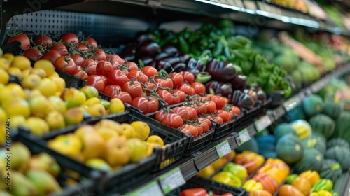 Fresh organic produce displayed at grocery store. Healthy food 