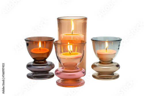Three Glass Candles Arranged in a Row. On a Clear PNG or White Background. photo