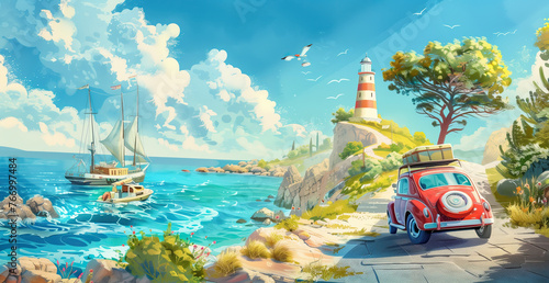 Coastal Serenity: Vintage Car and Lighthouse