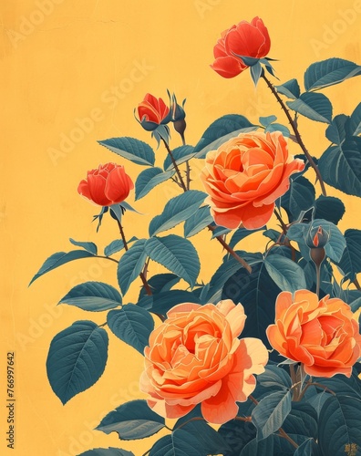 Vibrant Painting of Orange Roses on Yellow Background with Green Leaves  Floral Artwork on Canvas