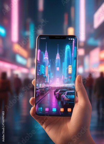 A smartphone held in a hand reflects a bustling city evening scene, with the display seamlessly transitioning into the city's vibrant lights and life. It captures a moment where technology mirrors