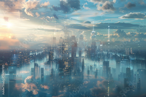 Futuristic City Skyline at Dusk with Digital Overlay