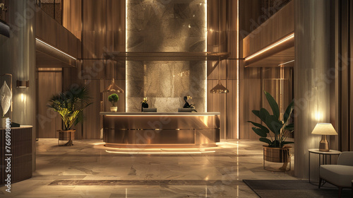 An evening charm envelops the lobby, with gentle lighting accentuating the reception desk and enhancing the opulent textures of the decor, exuding an air of refined luxury.