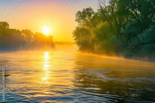 Golden Sunrise Over Misty River