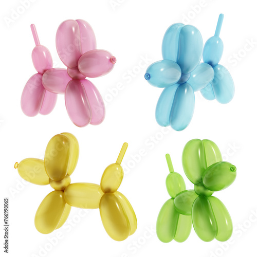 Balloon dogs with various color options isolated on transparent background. 3D illustration