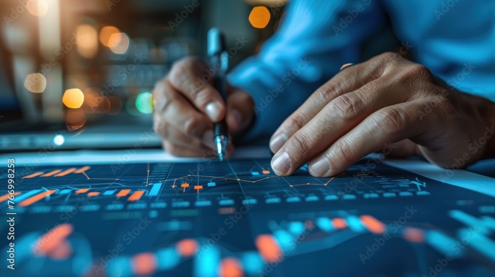 Businessman draw growth graph and progress of business and analyzing financial and investment data ,business planning and strategy on blue background. Businessman draw growth graph and progress of business and analyzing financial and investment data ,business planning and strategy on blue background.