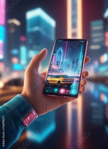 A hand presents a smartphone screen displaying a vibrant, neon-lit futuristic cityscape and a sleek sports car. The blurred background echoes the phone's imagery, suggesting a seamless blend of