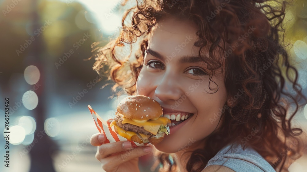Portrait of a beautiful young woman with curly hair eating fast food outdoors. Portrait of a beautiful young woman with curly hair eating fast food outdoors.
