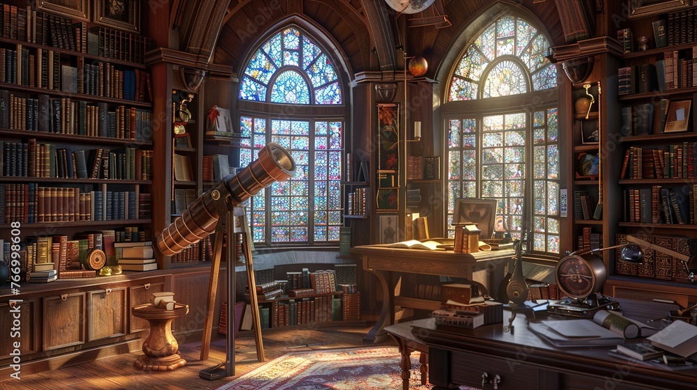 A secluded study tucked away in a tower, shelves lined with ancient scrolls and a telescope pointed towards the heavens through a leaded glass window.