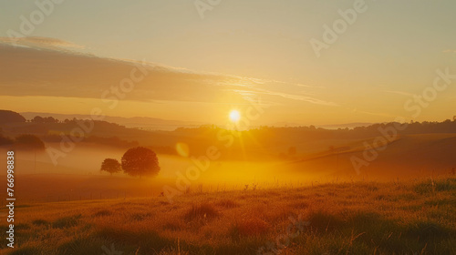 Golden Sunrise Over Misty Countryside Hills
