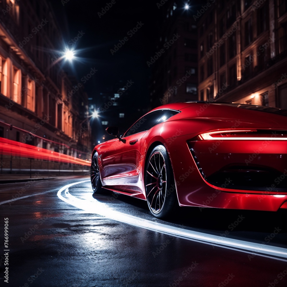 Low light photography image of red car on night street, AI generative 