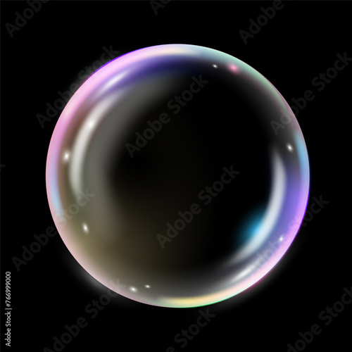 3d vector glass bubble shape liquid abstract, fluid with holographic effect. Sphere Render of transparent glass object, soap water bubble with reflection isolated on black background