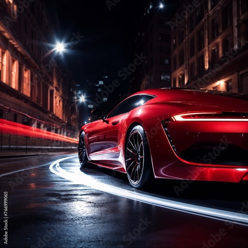 Low light photography image of red car on night street, AI generative 