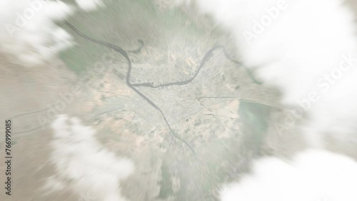 Earth zoom in from space to Ar Ramadi, Iraq. Followed by zoom out through clouds and atmosphere into space. Satellite view. Travel intro. Images from NASA photo