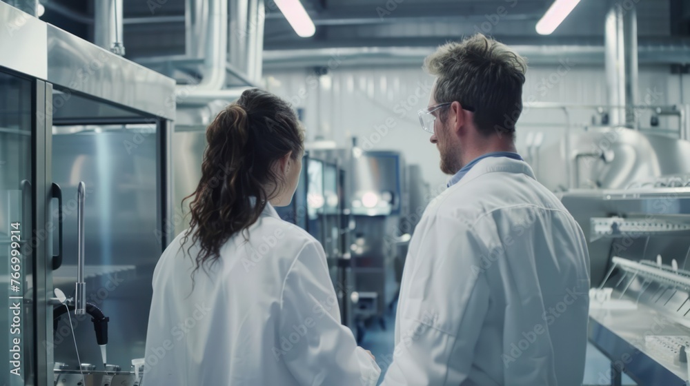 two employees evaluating the machinery at a food industry while wearing lab coats. two employees evaluating the machinery at a food industry while wearing lab coats.
