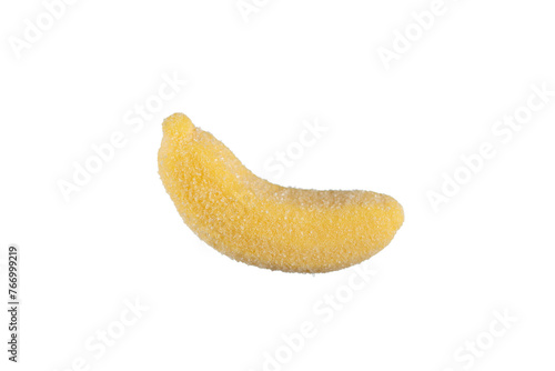 Marmalade in the shape of a banana.
Jelly candy isolated on white background.
A banana-shaped jelly candy displayed against a white backdrop.