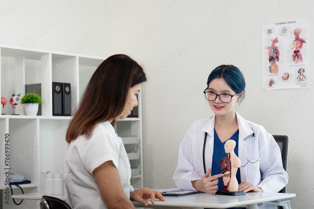 Fototapeta premium Doctor woman with healthcare advice and support for results, exam and test. expert or medical people and consulting senior patient