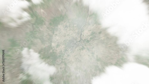 Earth zoom in from space to Ashtarak, Armenia. Followed by zoom out through clouds and atmosphere into space. Satellite view. Travel intro. Images from NASA photo