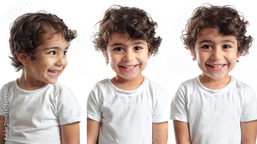 Cheerful little boy depicted in three different postures on white.