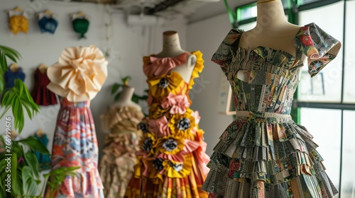 An arrangement of mannequins wearing dresses made of various types of paper. The dresses are displayed in a room with white walls and a large window.