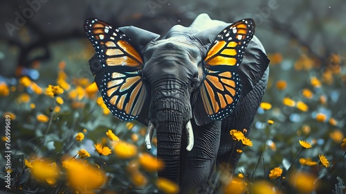 Unusual Imagery: Elephant Captured with Beautiful Butterfly Wings in Photograph photo