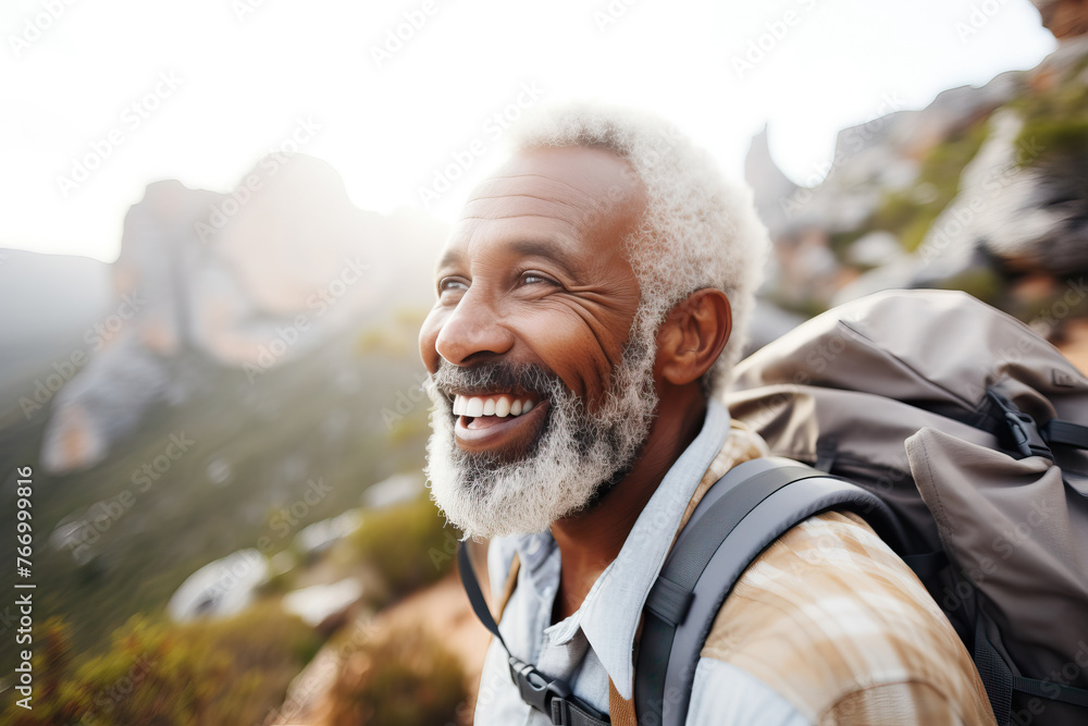 Joyful Senior Hiker Enjoying Mountain Trek