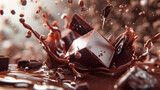 Chocolate splash and bar on transparent surface.