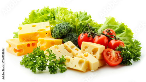 Cheese and fresh vegetable salad isolated on white background.